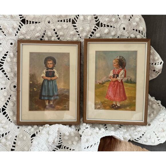 2 Vintage frames pictures girls Costumes Zurich set 1970 pair children 5.5x7.5” - Picture 2 of 12